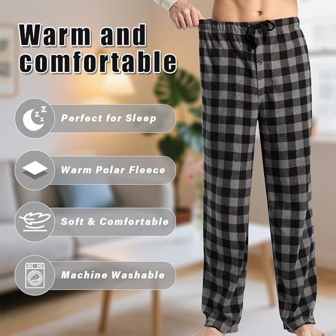 3 Pack Men's Fleece Pajama Pants Bottoms– Lounge Sleepwear Plaid PJs with Pockets and Button Fly