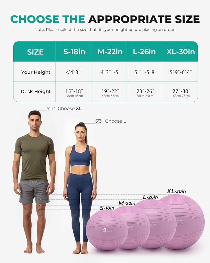 Gruper Yoga Ball, Extra Thick Exercise Ball for Workout Pregnancy Stability - 4 Sizes Anti Burst Balance Ball for Yoga, Pilates, Fitness, Birthing, Physical Therapy - Includes Pump