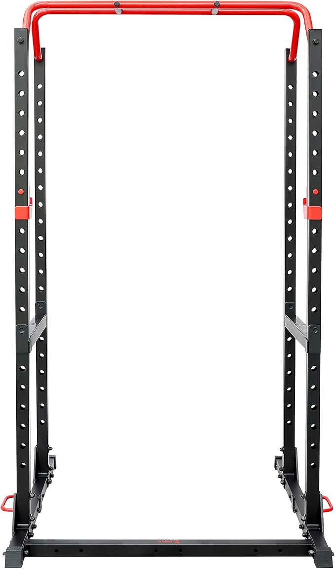 Sunny Health & Fitness Power Cage and Squat Rack In High Weight Capacity with J-Hooks, Adjustable Pull Up Bar, Weight Plate Holders, Resistance Band Posts