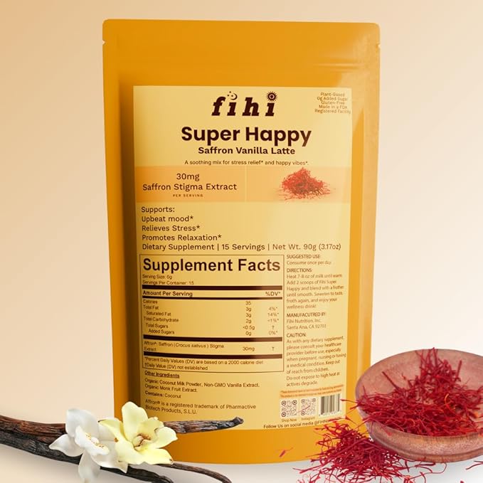 Super Happy – Mood & Emotional Wellness | Clinically Studied Saffron Superfood Latte Powder | Clean, Effective, Made in California