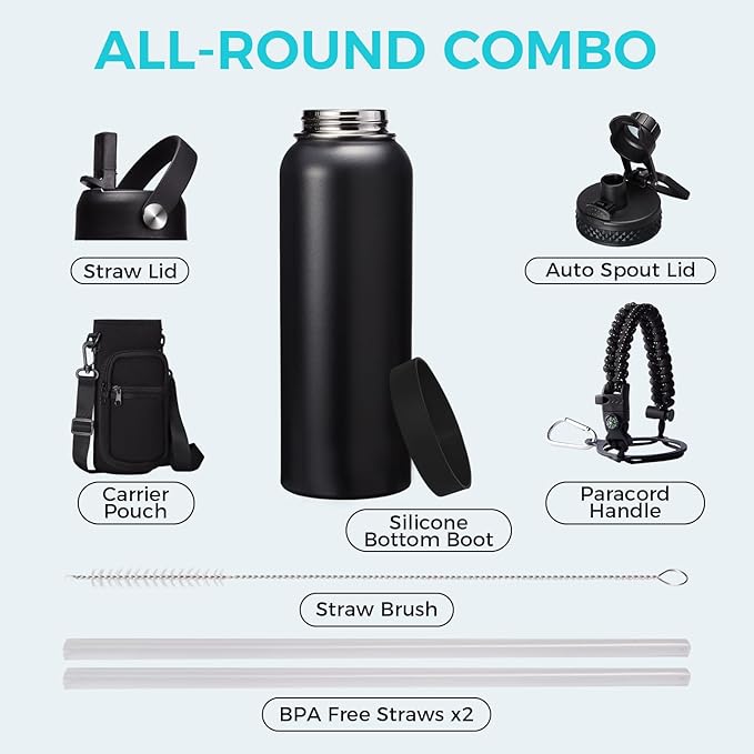 Water Bottle with Straw - 40 oz Stainless Steel Water Bottles, Big Water Jug Vacuum Insulated Waterbottle with Paracord Handle, Straw/Auto Spout Lid, Strap Sleeve, Metal Reusable Water Bottle Black