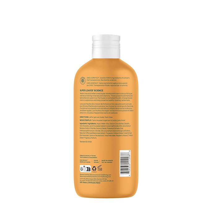 ATTITUDE Body Wash, EWG Verified Shower Gel, Dermatologically Tested, Plant and Mineral-Based, Vegan Personal Care Products, Orange Blossom & Eucalyptus Scent, 16 Fl Oz (Pack of 3)