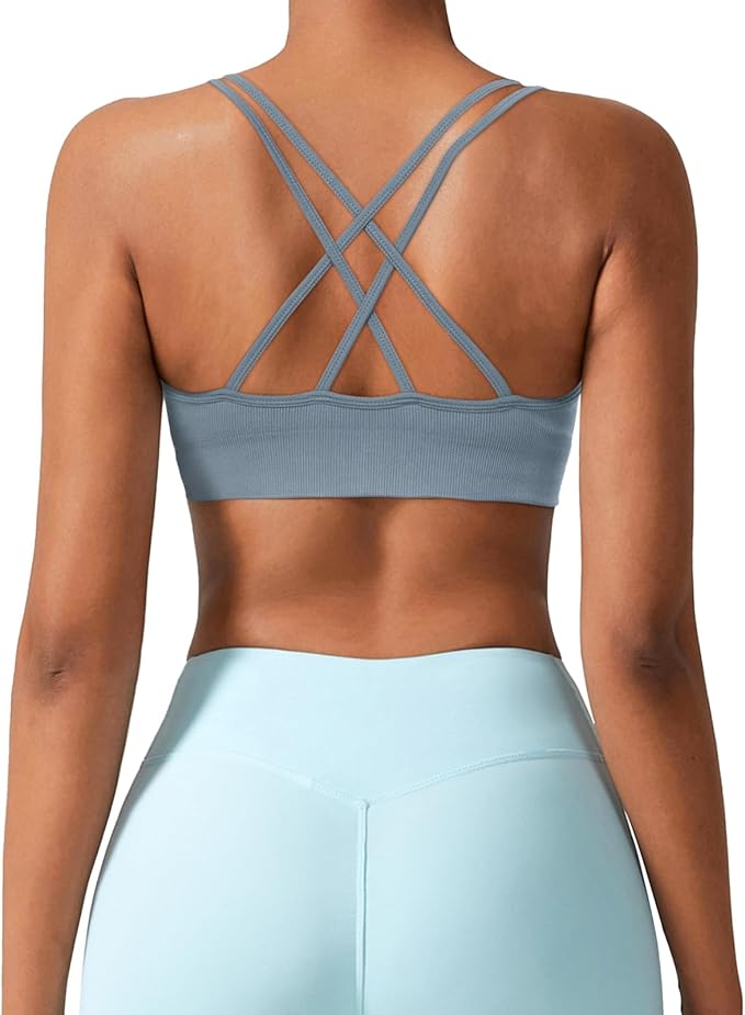 Sports Bra for Women V-Neck Strappy Criss Cross Yoga Bra Padded Medium Support Workout Gym Athletic Fitness Bras 3 Pack