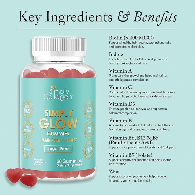 Simply Collagen® Simply Glow Hair, Skin & Nails Gummies – Vegan, Sugar-Free, Gluten-Free – Biotin 5000 mcg – Hair Gummies for Women & Men – 60 Count