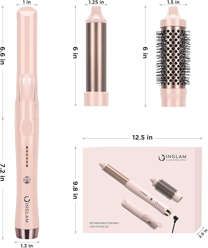 Cordless Hair Straightener and Curler, IG INGLAM 3 in 1 Detachable Hair Styling Set with 1'' Flat Iron, 1.25" Curling Wand, 1.5" Thermal Brush, Rechargeable Portable for Travel, Gift for Women