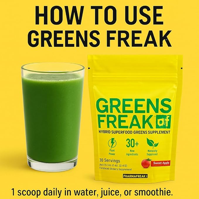 Pharmafreak Greens Freak β Superfood Greens Powder with Spirulina, Chlorella & 30+ Raw Ingredients β Sweet Apple Flavor β Detox, Immunity & Digestion Support β 30 Servings β Eco-Friendly Pouch