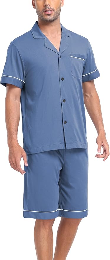 COLORFULLEAF Men's 100% Cotton Short Sleeve Pajama Sets Button Down Notched Collar Sleepwear Soft Lounge Pjs with Pockets