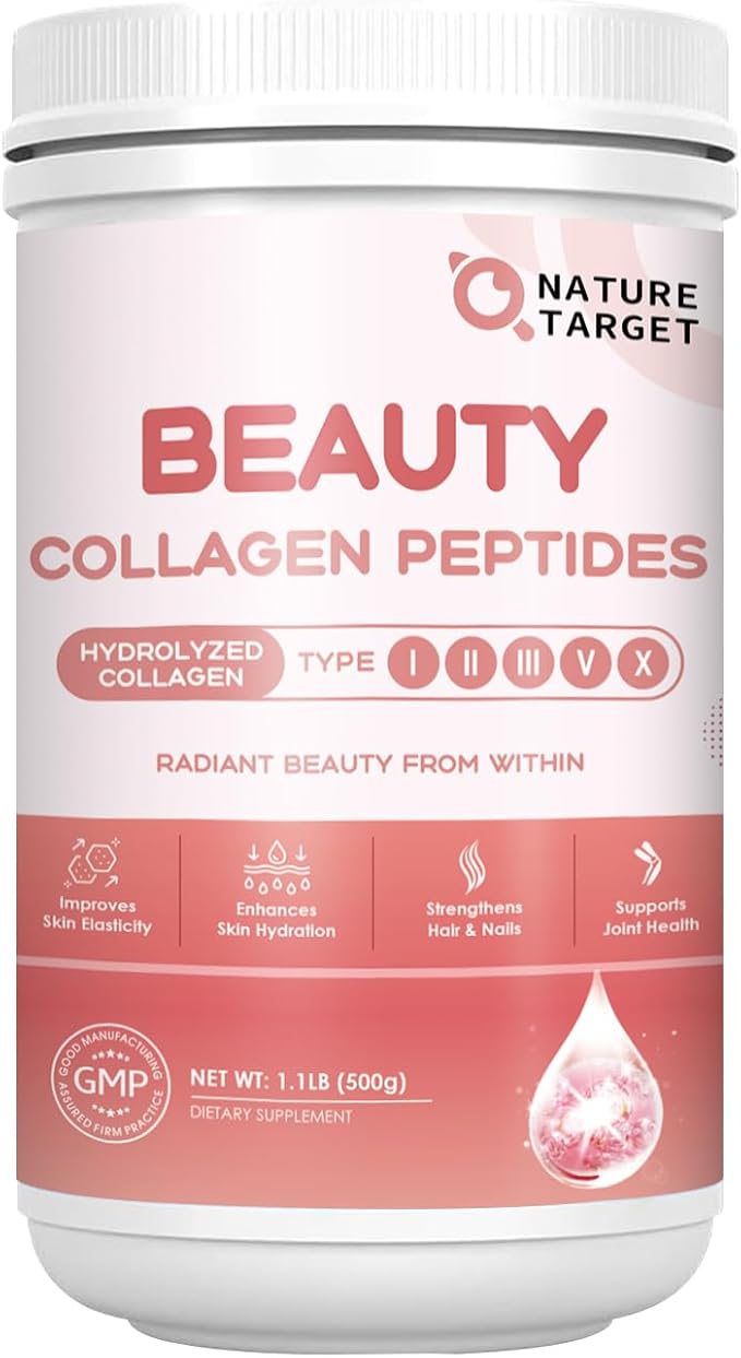 NATURE TARGET Beauty Collagen Peptides Powder for Women, Multi Collagen Powder with Vitamin C, Biotin, Hyaluronic Acid – Unflavored, Keto Friendly, Easy Dissolve, Non-GMO, 50 Servings