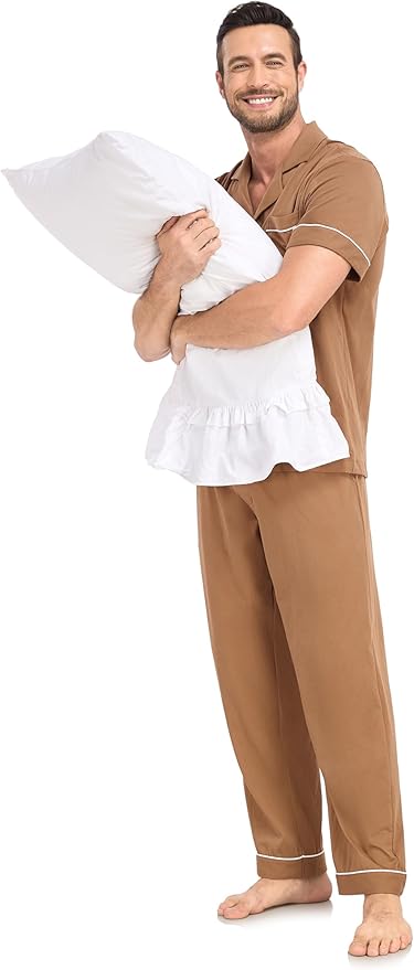 COLORFULLEAF Men's 100% Cotton Pajamas Set Button Down Sleepwear Short Sleeve and Long Pants Pjs