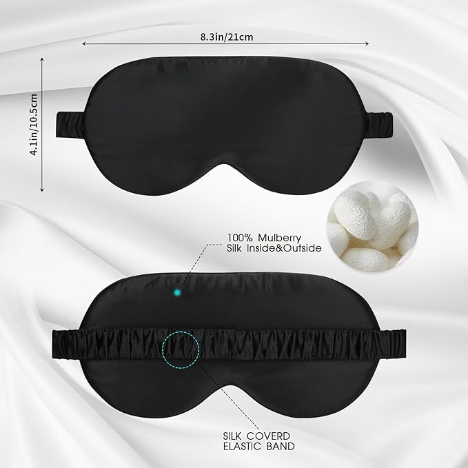 Silk Eye Mask for Sleeping for Women/Men/Adults with Elastic Strap,Blackout Pure Mulberry Silk Sleep Mask for Side Sleeper/Travel/Plane,Black