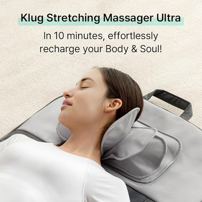 Klug Stretching Massager Ultra, Effortless auto-Stretching Mat, Ease Back & Neck Pain with 3 Intensity Levels 7 Exceptional Programs, 2 Levels of Heat Function, Foldable & Portable Design, Gray