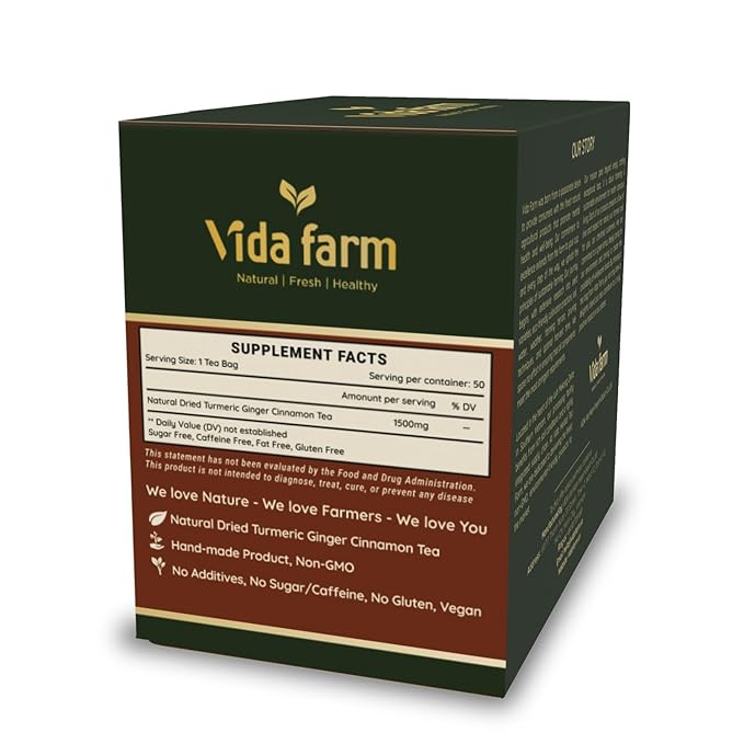VIDA FARM 50 Turmeric Ginger Cinnamon Tea Bags, 100% Natural Ginger Cinnamon Turmeric Tea, Te De Curcuma Jengibre Herbal Tea, Sugar Free, Caffeine Free, Gluten Free