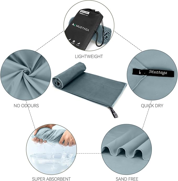Microfiber Beach Towel-Perfect for Travel, Sports, Camping, Swimming, Yoga, Gym- Quick Dry, Sand Free, Compact, Lightweight, Absorbent (Grey,Large(160x90cm, 63x35”))