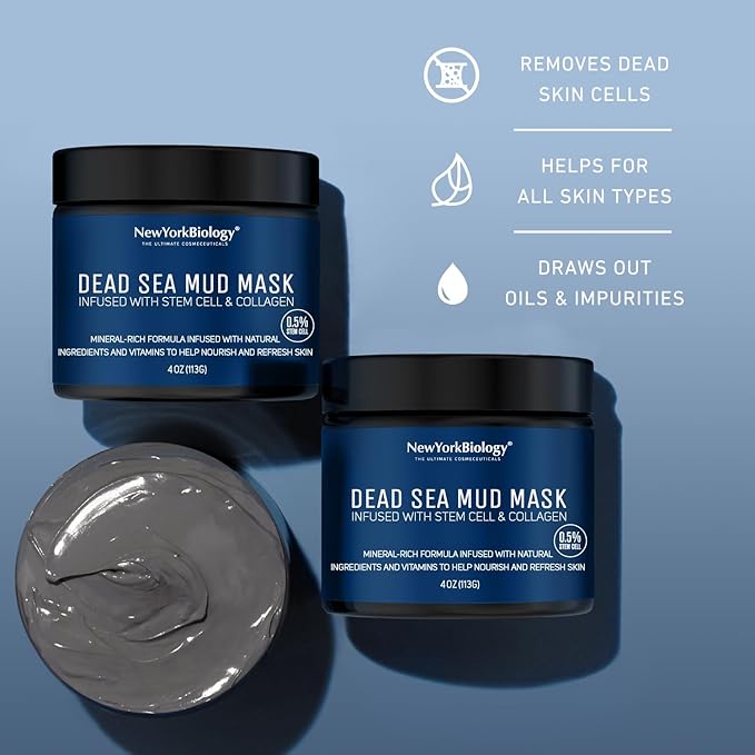New York Biology Dead Sea Mud Mask for Face, Body | with Stem Cell and Collagen | Spa Quality Pore Refiner for Oily Skin | Natural Skincare for Women, Men | Tighten Skin | 4 oz