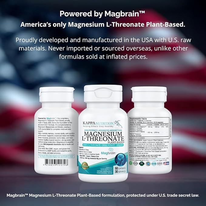 Kappa Nutrition Powered by Magbrain™ Magnesium L-Threonate Plant-Based, 420mg Elemental Magnesium (3 Capsules) from 2,253mg, 60 Vegan Capsules, Brain, Sleep & Muscle Support.