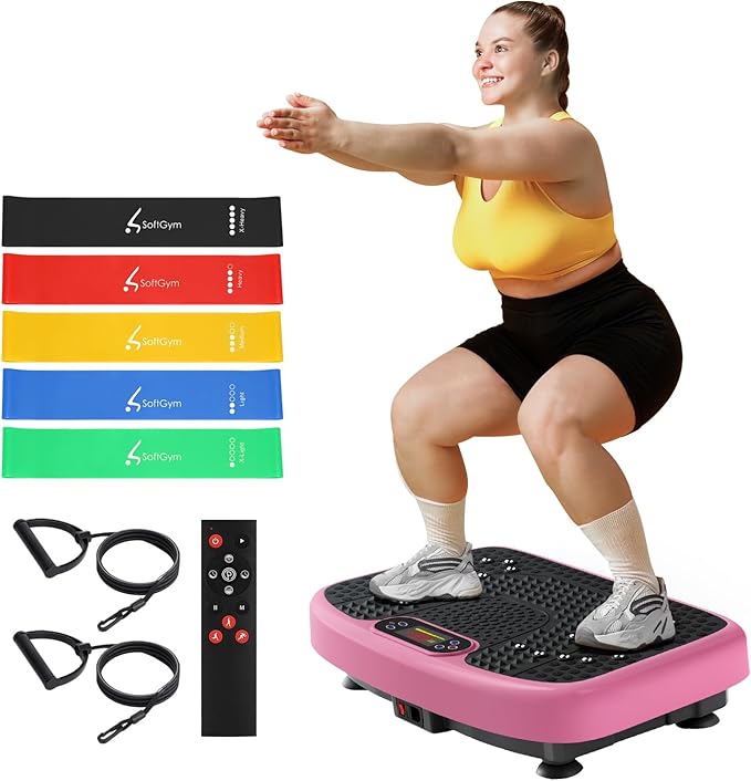 SoftGym Vibration Plate Exercise Machine for Lymphatic Drainage,Power Vibrate Stand Shake Board 450 Lbs Capacity Whole Body Workout Waver with Fitness Resistance Bands Weight Loss Gifts for Women Men