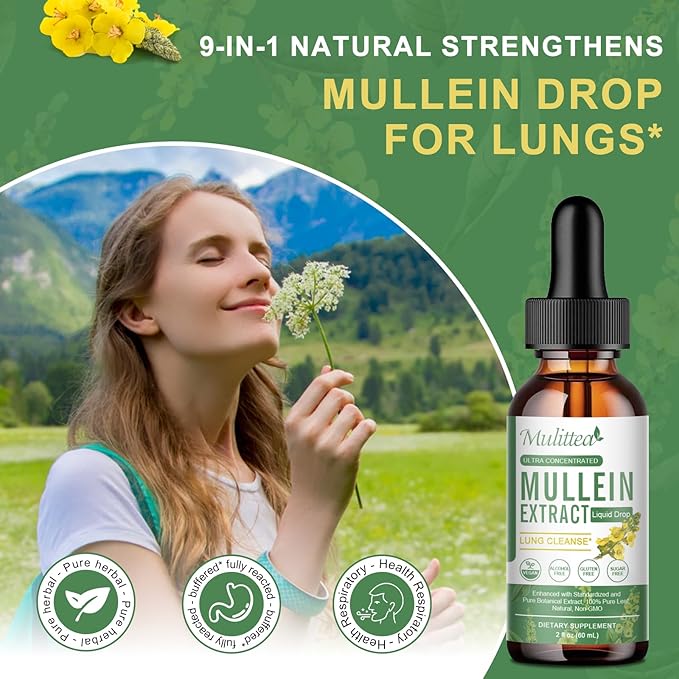 2 Pack Mullein Drops for Lungs - Lung Cleanse & Detox- Vegan Mullein Leaf Extract for Lung Immune,Respiratory Digestive -9 Potent Herbal Supplement to Renew -As Liquid, Tincture- 2Fl Oz (Pack of 2)
