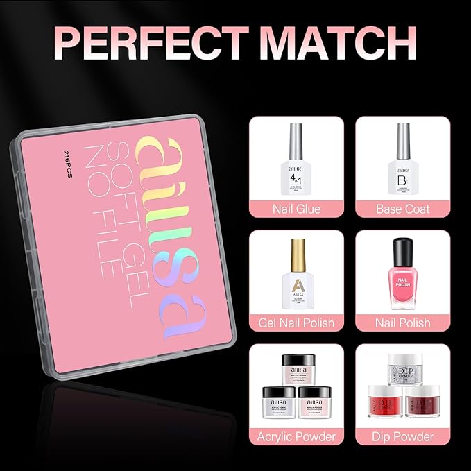 AILLSA Medium Square Nail Tips Full Cover Half Matte Tips Nail Clear Gelly Pre-Shaped Nail Tips Press On False Nail Tip Extension for Home DIY Manicure Salon 216PCS 12 Sizes