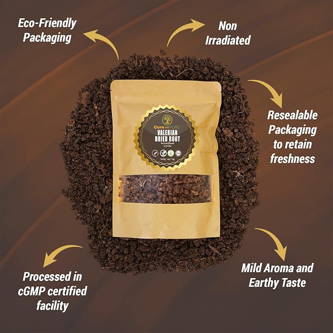 Cure wid Pure Organic Valerian Root Tea - Cut,Sifted & Non-Irradiated Valerian Tea Promotes Natural Relaxing Sleep - Te De Valeriana officinalis in Resealable Eco Friendly Pouch 4oz