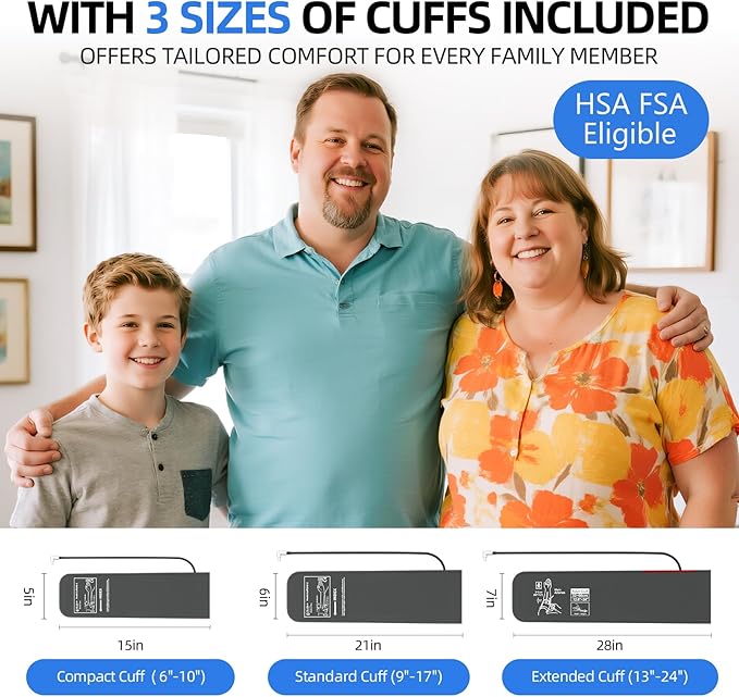 Blood Pressure Monitor for Home Use - 3 Size Cuffs, Small 6"-10", Medium/Large 9"-17" and Extra Large 13"-24", HSA FSA Eligible Items/Perfect for Family Health Monitoring