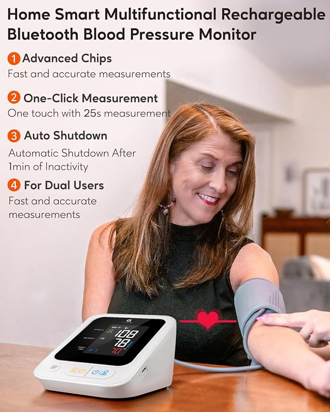 arboleaf Blood Pressure Monitor for Home Use, Accurate Upper Arm Smart Digital BP Machine with Bluetooth App Sync, Rechargeable Large Color Display, 2-User Memory, Adjustable Wide Cuff 8.7″–18.9″