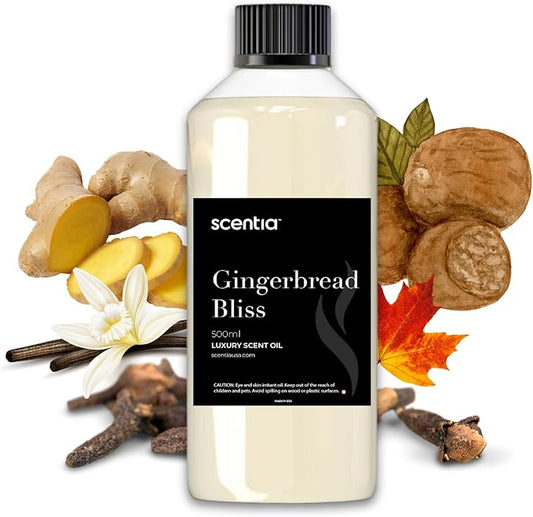 Scentia Gingerbread Bliss Fragrance Oil – 500ml Professional Christmas Diffuser Oil | Cozy Holiday Blend with Ginger, Nutmeg, Cinnamon & Vanilla | Aromatherapy for Homes, Spas, Hotels & DIY Supplies