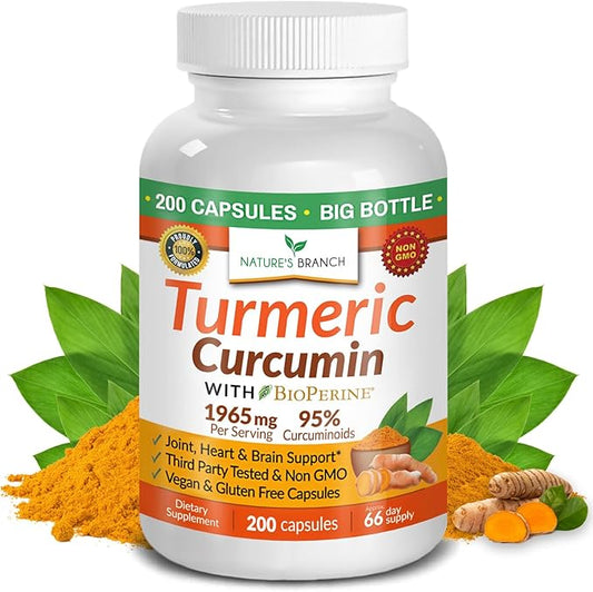 Turmeric Curcumin with Black Pepper - Organic Turmeric Powder - 200 Capsules - 1965mg Extra Strength, Joint Support Supplement - High Absorption, BioPerine Extract, High Potency, Vegan - Made in USA