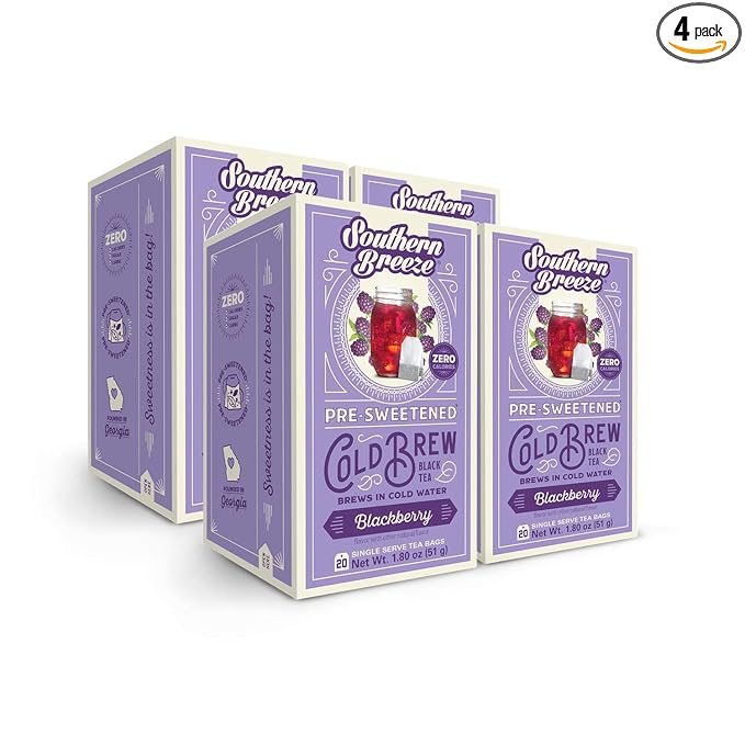 Southern Breeze Cold Brew Sweet Tea Blackberry Iced Tea with Black Tea and Zero Carbs Zero Sugar, 20 Individually Wrapped Tea Bags, Pack of 4