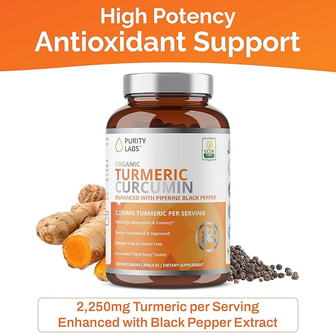 Purity Labs Organic Turmeric Curcumin Supplement with Piperine 2,250 MG/Serving | 95% Curcuminoids Turmeric Supplements, Antioxidant Joint Pain Relief, Muscle & Brain Support | Non-GMO - 120 Capsules
