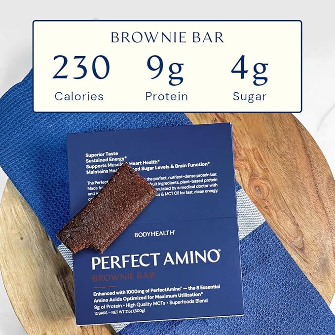 BodyHealth PerfectAmino Bar Protein Energy Snack with 10g of Protein, Plant Based MCT's, Superfood Blend, Kosher, (Brownie, 12 Pack)