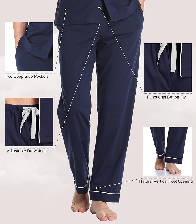 COLORFULLEAF Men's 100% Cotton Pajamas Set Button Down Sleepwear Short Sleeve and Long Pants Pjs