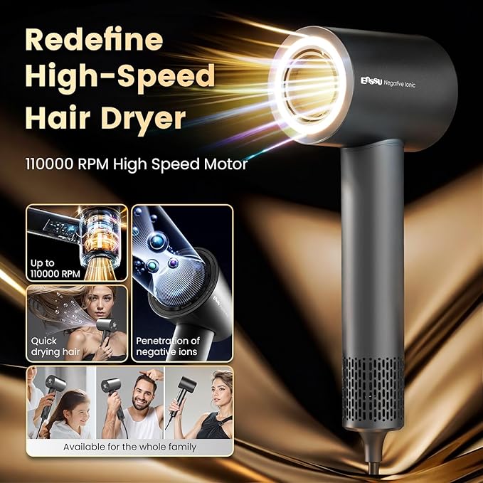 Hair Dryer,110000 RPM High-Speed Brushless Motor for Fast Drying with HD Digital Display Low Noise Compact Hair Blow Dryer for Curly Hair for Home Travel Salon #201BK