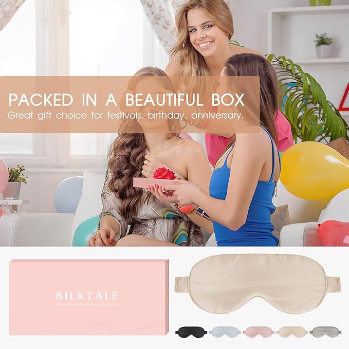 Soft Real Silk Light Blocking Cooling Sleep Eye Mask for Women/Men/Travel/Airplane,Beige