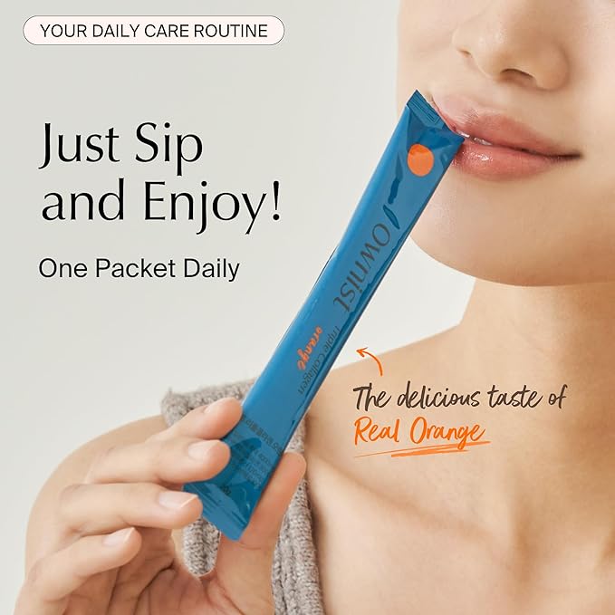 Ownist Triple Collagen Liquid Packets On-The-Go - Peptides with Hydrolyzed Marine Collagen, Elastin, Hyaluronic Acid and Vitamin for Healthy Skin - Orange Flavor - 14 Individual Stick Packs