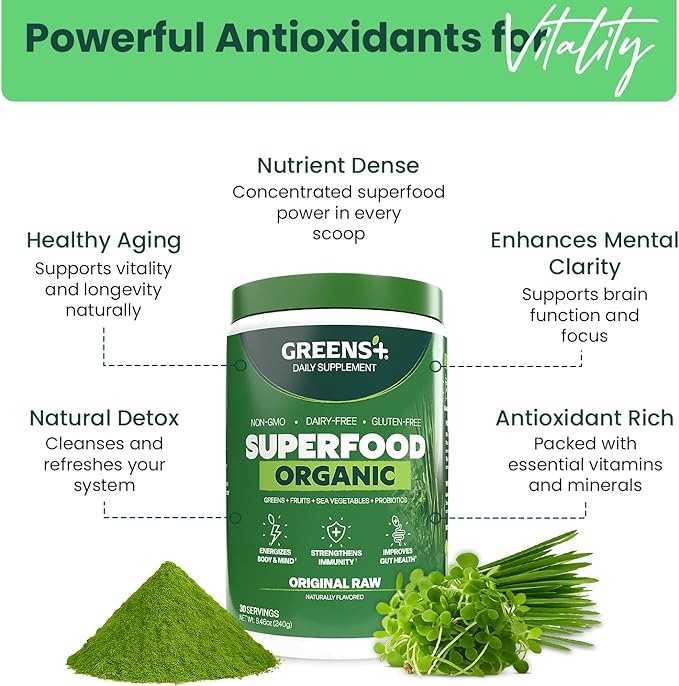 Greens+ Organic RAW Superfood Powder, Super Blend Immune Support, Morning Kick, Energy Boost, Nutrition Vibrant Health, Dietary Supplement, Vegan Soy/Dairy/Gluten Free(8.46oz)