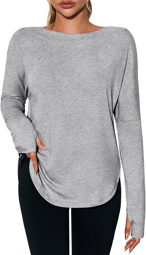 Tankaneo Womens Open Back Workout Shirts Casual Long Sleeve Boat Neck Tops Athletic Gym Yoga Tees with Thumb Holes