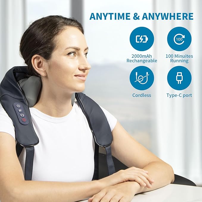 Neck and Shoulder Massager with Infrared, Shiatsu Back Massager for Pain Relief, Cordless Electric Deep Tissue 6D Kneading Massager for Neck, Shoulder, Leg, Back Muscle Tension Release