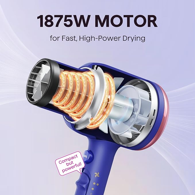Wavytalk Hair Dryer with Diffuser, Blown Away Ionic Hair Dryer for Curly Hair, 1875W Fast Drying Blow Dryer with Ceramic Technology, 3 Attachments for All Hair Types, Light and Quiet, Sapphire Blue