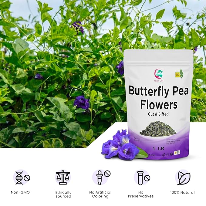 Butterfly Pea Flower Tea 1 LB (1000+ Cups) | Cut and Sifted | Makes Beautiful Blue Or Purple Food Coloring | Blue tea Butterfly Pea Flower | Non-Gmo, Ethically Sourced | By Yogi's Giftยฎ