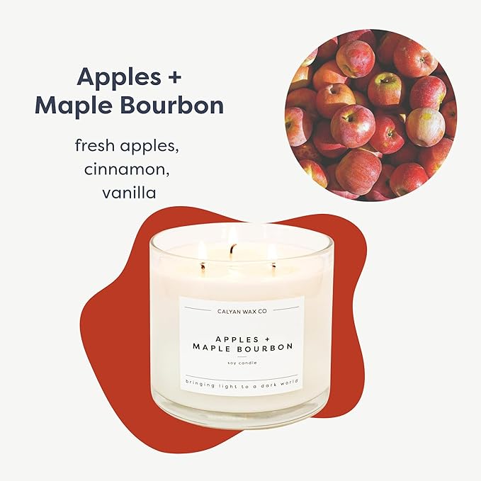 Calyan Wax Co. 3 Wick Candle, Apples + Maple Bourbon Scented Candle, 43 Hour Burn Time, 3 Wick Soy Candles, Non Toxic & Vegan Soy Wax, Glass Jar Scented Candles, 14.9oz