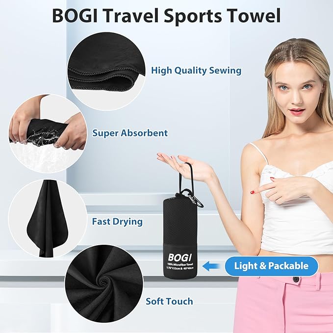 BOGI Microfiber Travel Sports Towel-Quick Dry Soft Lightweight Absorbent Compact for Camping Gym Beach Bath Yoga Backpacking (S:16''x32'',2Pcs-Black)