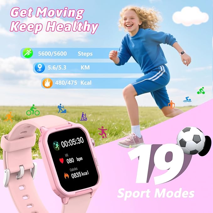 Kids Smart Watch for Boy Girl, Kids Watches with 19 Sport Modes, Heart Rate, Sleep Monitor, Pedometer, Alarm Clock, IP68 Waterproof Fitness Tracker, Gift for 6-16 Year Old Boys Girls Toys (Pink)