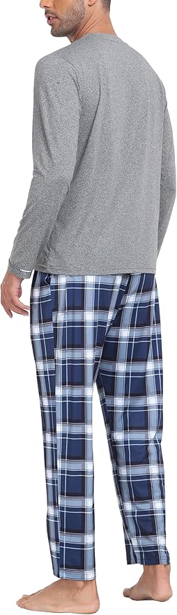 MoFiz Men's Pajamas Plaid Sets Sleepwear Sleep Long Sleeve Shirts and Pants Pajama Set Soft Mens Pjs Lounge Set with Pockets