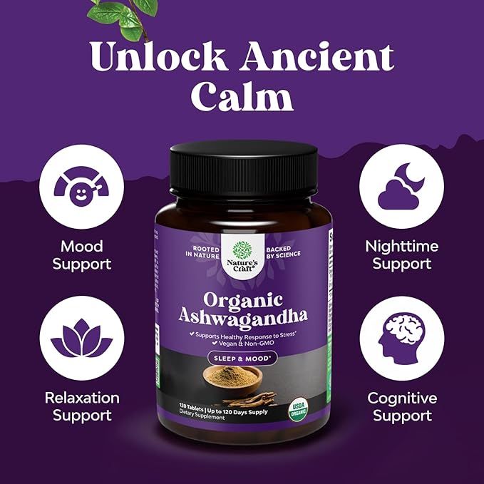 High Strength Organic Ashwagandha Supplements - Ashwagandha Organic Tablets for Mood Support & Hormone Balance for Women & Men - Root Extract Powder with Black Pepper for Better Absorption - 120 Ct