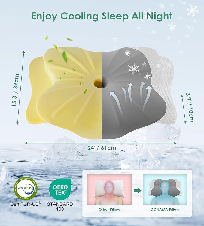 DONAMA Cervical Pillow for Sleeping, Contour Memory Foam Pillow for Neck and Shoulder Support, Ergonomic Neck Pillow for Side Back Stomach Sleepers, Bed Pillows with Cooling Pillowcase