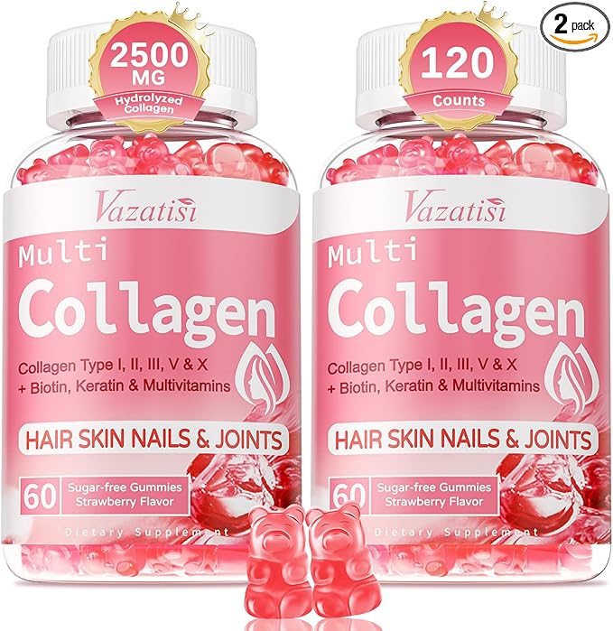2 Pack Sugar Free Collagen Gummies for Women & Men | Hydrolyzed Collagen Peptides for Hair Skin & Nails | MultiCollagen Protein Type I II III V X with Biotin & Vitamin C | Strawberry Flavor, 120 Count