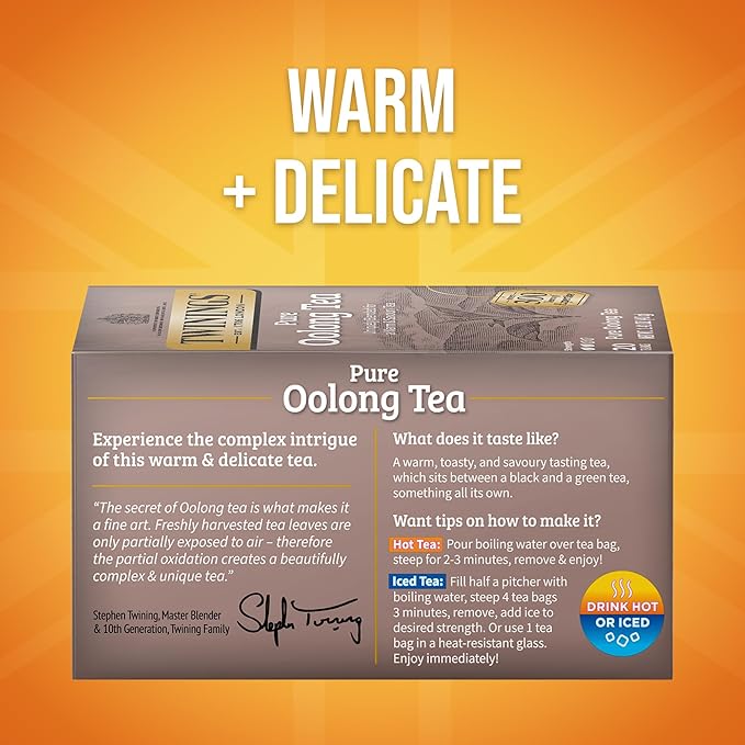 Twinings Pure Oolong Tea Individually Wrapped Bags, 20 Count (Pack of 1), Warm, Nutty Flavor & Golden Colour, Caffeinated, Enjoy Hot or Iced, 20 Teabags