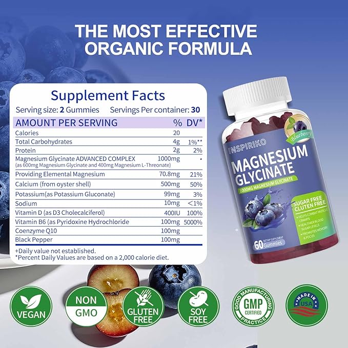 Magnesium Glycinate Gummies 1000mg - Sugar-Free Magnesium Potassium Supplement with Vitamin D, B6, CoQ10 for Adults & Kids,High Absorption for Calm Mood & Sleep Support - 60 Blueberry Gummies
