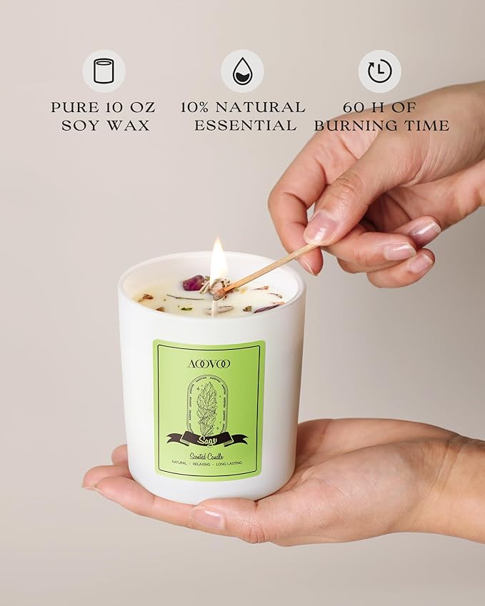 AOOVOO Sage Scented Candles for Women - Aromatherapy Candle with Crystals Inside, 10oz Soy Candles for Home Scented, Birthday Gifts Mothers Day Candle for Women Mom