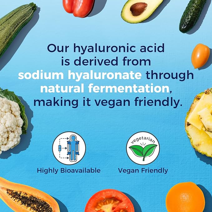 Vitalitown Hyaluronic Acid Supplements 250 mg, Plus 25 mg Vitamin C, Naturally Derived & High Bioavailability, Skin Hydration, 90 Vegan Capsules, 3 Month Supply